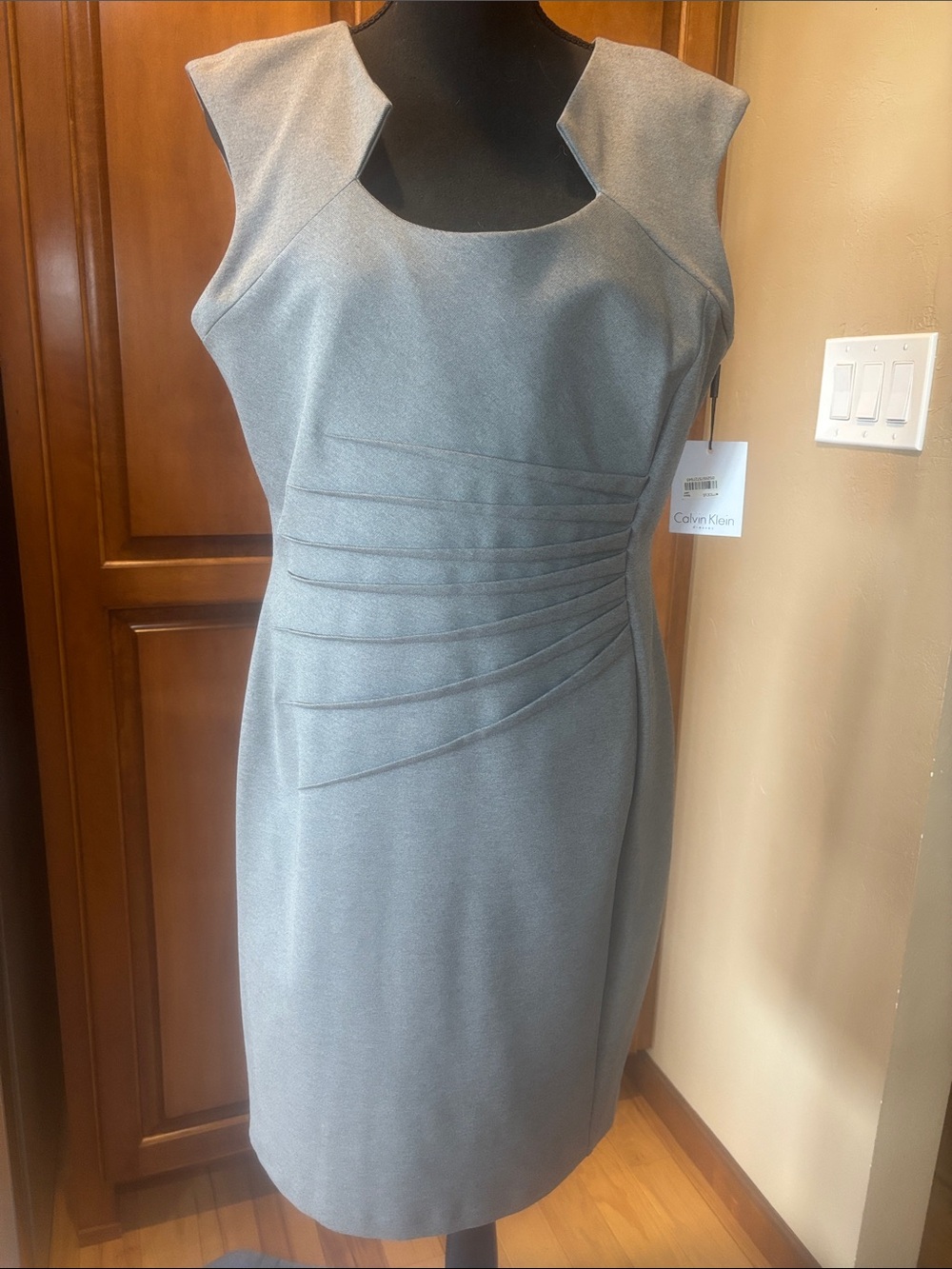 Calvin Klein Silver-Gray Sheath Dress with Asymmetric Pleats